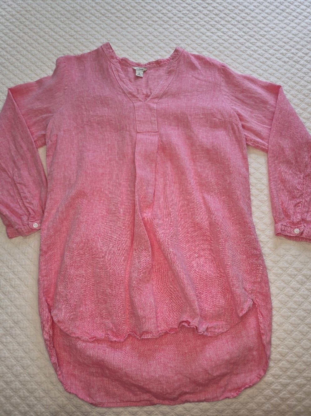 L.L. Bean 100% Linen Pink Slit Neck Tunic Popover Blouse Size Medium 504285